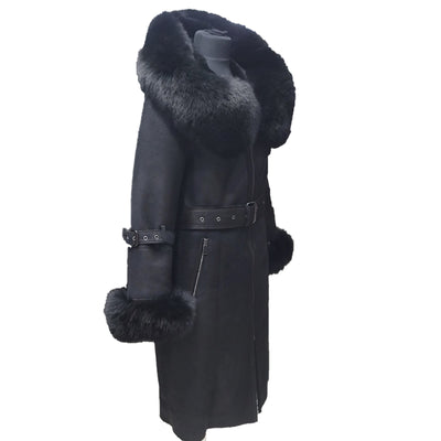 Allis Black Belted Shearling coat with large fox fur hoodie