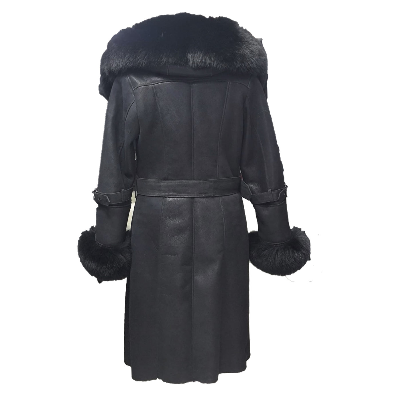 Allis Black Belted Shearling coat with large fox fur hoodie