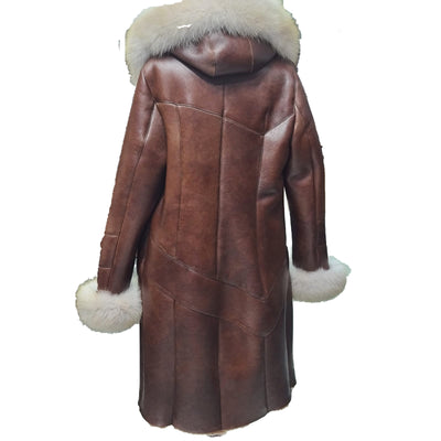 Burnett Brown Shearling coat with large fox fur hoodie and trim
