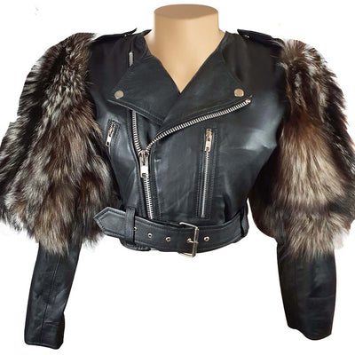 A cropped leather jacket with Real Fox fur sleeves on Jasmine Becker