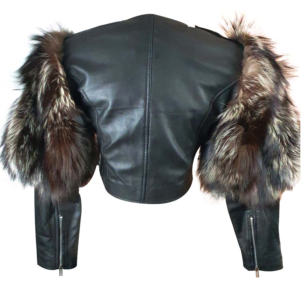 A cropped leather jacket with Real Fox fur sleeves on Jasmine Becker