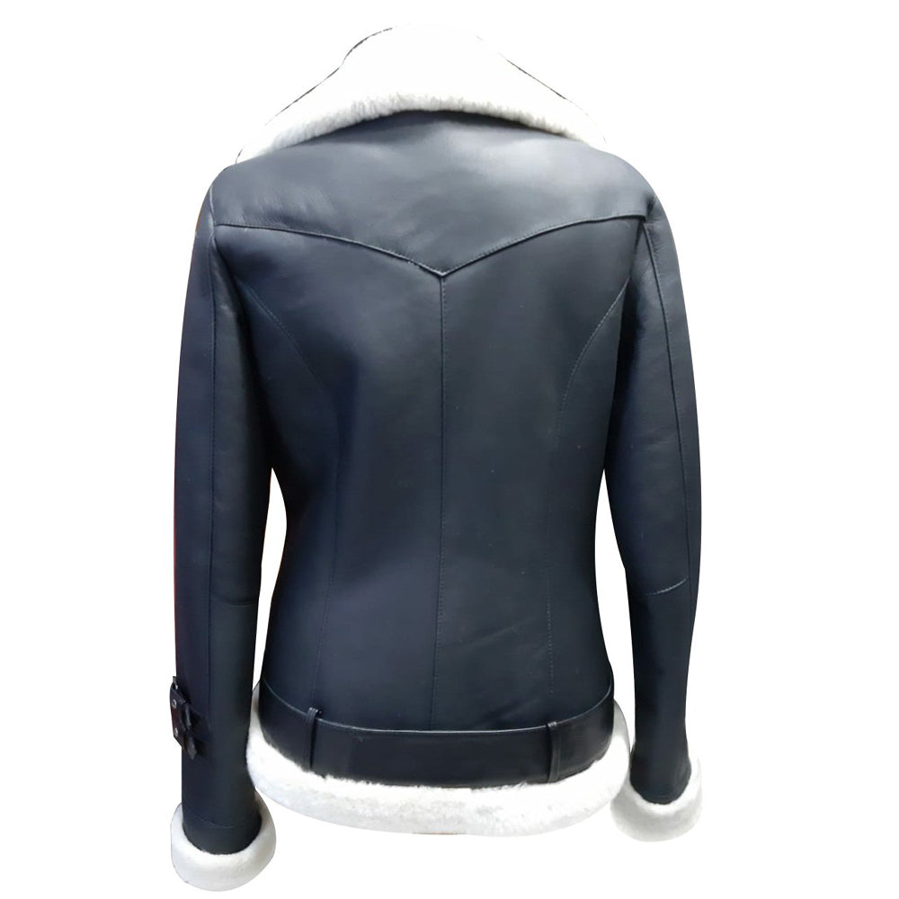 Jayne's Biker Shearling Jacket in Black and White