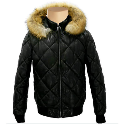Joel fur hooded quilted puffer winter leather jacket