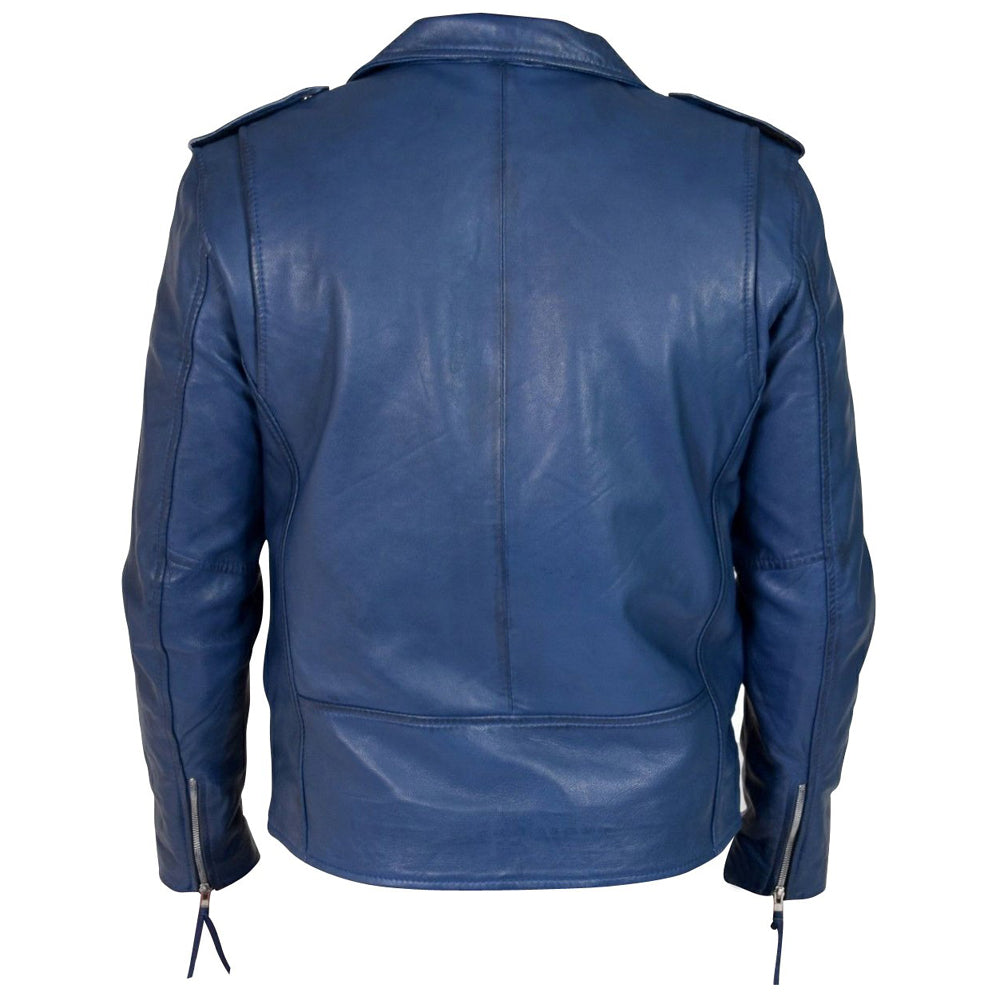 Leather jacket with belt in Kain Blue typical biker style