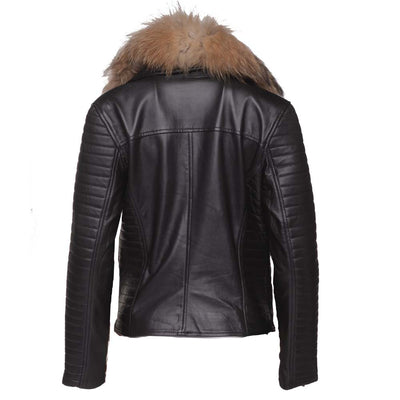Fur shawl leather jacket with ribbed sleeves