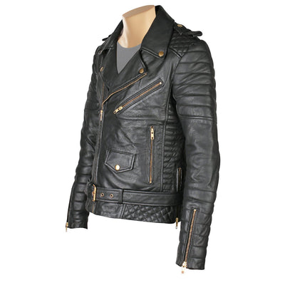 Quilted Leather Biker Jacket with Waist Belt