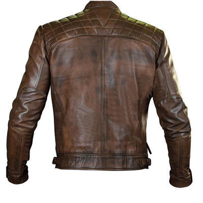 Brown biker leather jacket with a distressed finish in roan