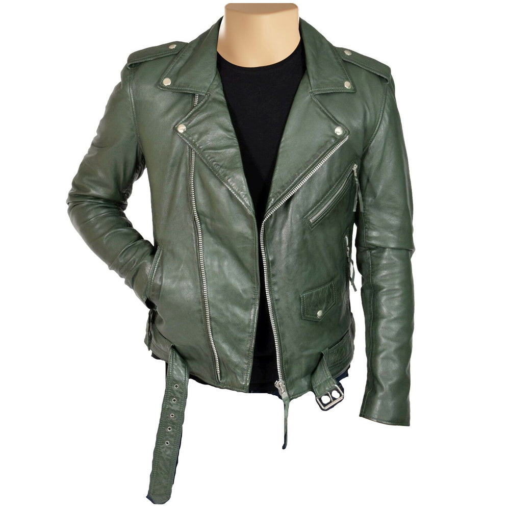 Sergeant Army Green Biker Style Leather Jacket with Belt – Lusso Leather