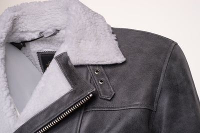 Grey leather biker jacket with Sherpa lining