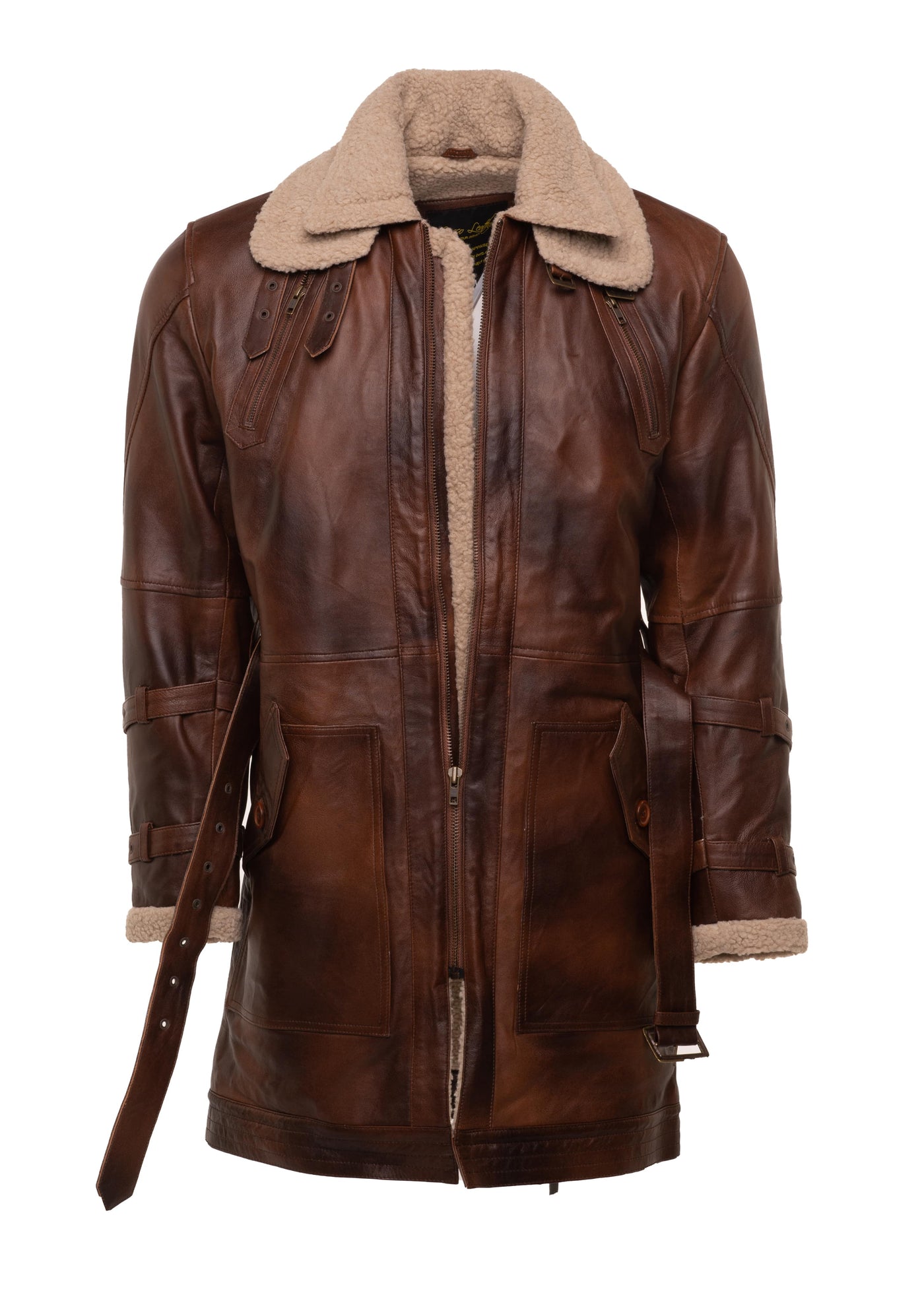 3/4 leather trench with sherpa lining coat