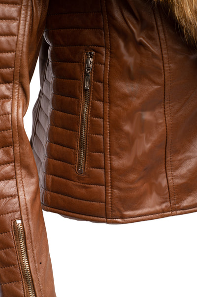 Stylish Leather jacket with long ribbed sleeves for women.