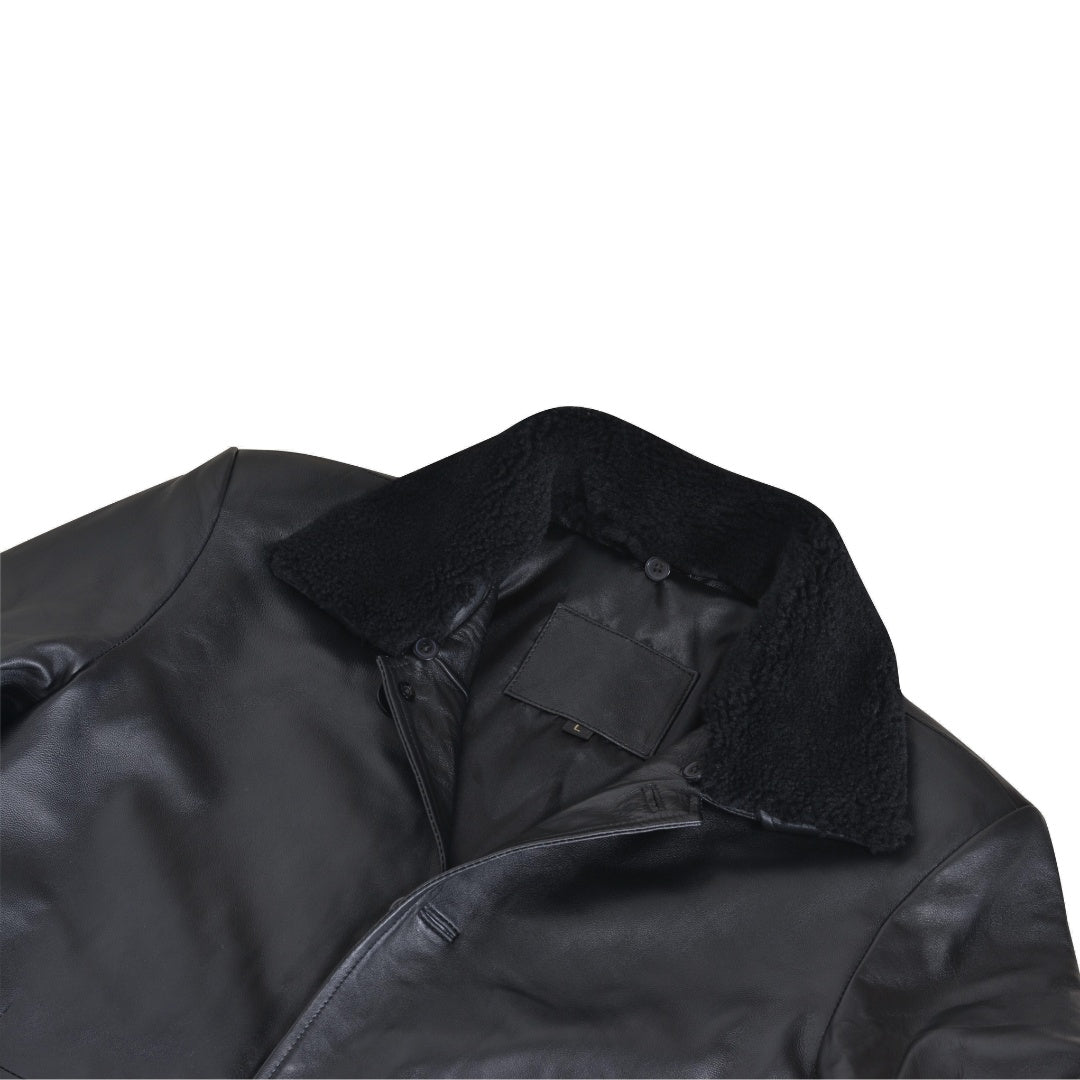 Eric's black leather car coat with fur collar
