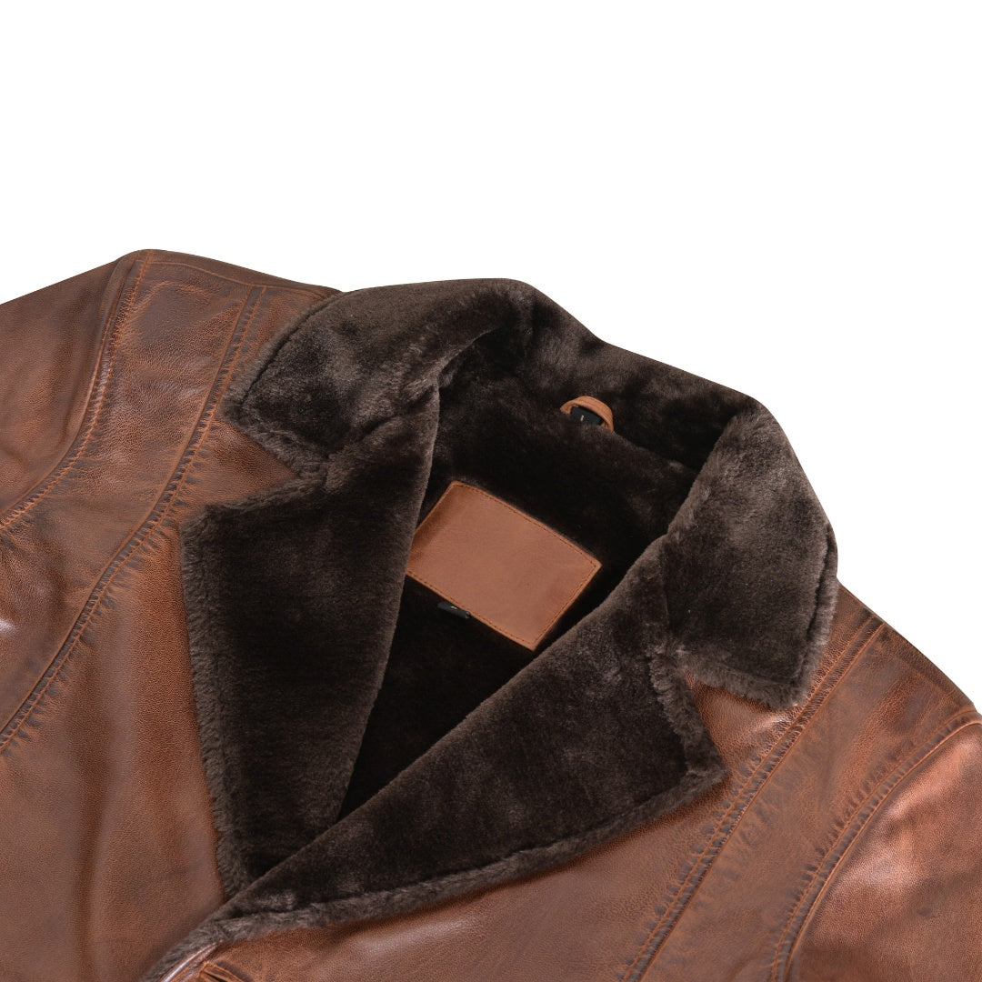Rust leather car coat with faux fur