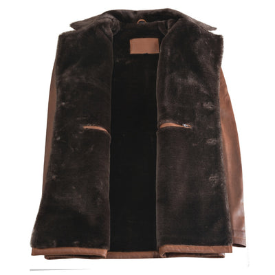 Rust leather car coat with faux fur
