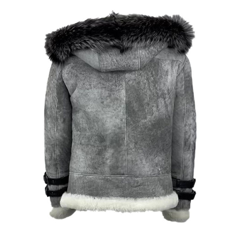 Rocco Vintage Distressed Grey Aviator bomber shearling jacket with hoodie