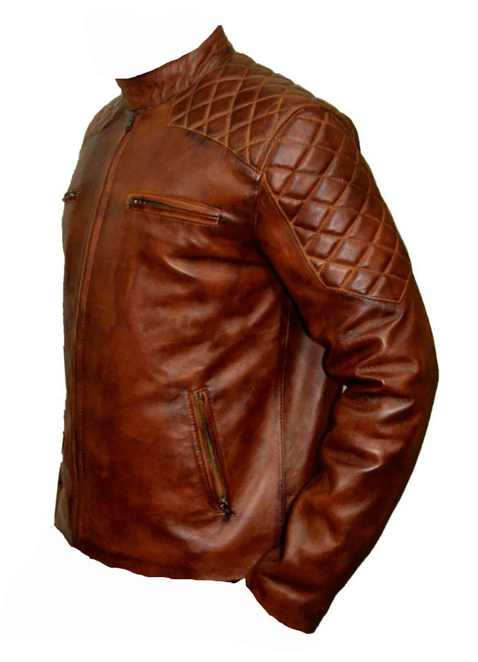 Quilted Patches Vintage Cafe Racer Leather Jacket