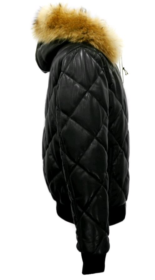 Joel fur hooded quilted puffer winter leather jacket